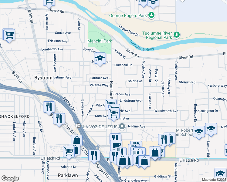 map of restaurants, bars, coffee shops, grocery stores, and more near 840 Herndon Road in Modesto