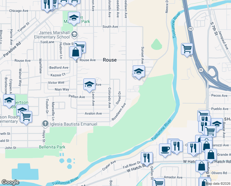 map of restaurants, bars, coffee shops, grocery stores, and more near 921 Middlecoff Avenue in Modesto