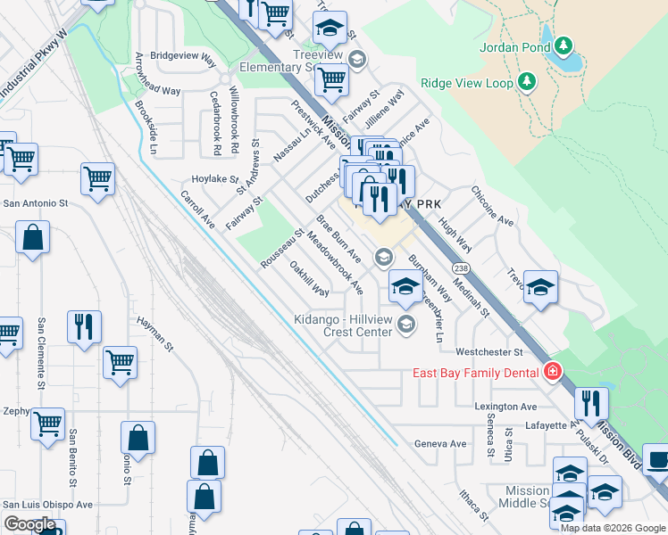 map of restaurants, bars, coffee shops, grocery stores, and more near 31153 Meadowbrook Avenue in Hayward