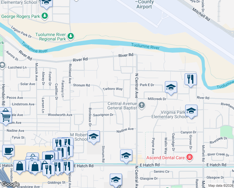 map of restaurants, bars, coffee shops, grocery stores, and more near 1925 Central Park Way in Modesto