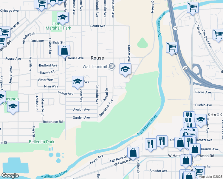 map of restaurants, bars, coffee shops, grocery stores, and more near 920 Roselawn Avenue in Modesto