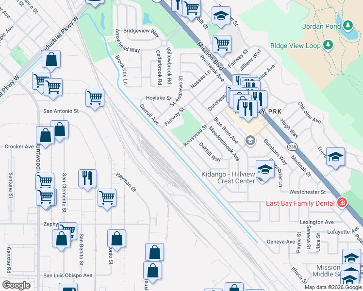map of restaurants, bars, coffee shops, grocery stores, and more near 19 Rousseau Street in Hayward