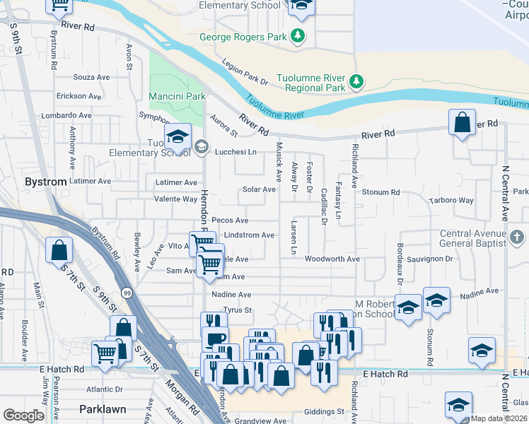 map of restaurants, bars, coffee shops, grocery stores, and more near 1412 Orlando Drive in Modesto