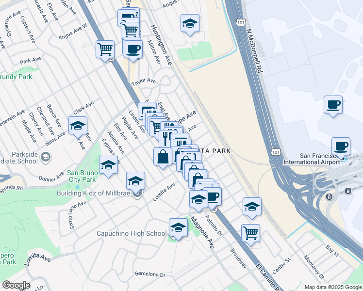 map of restaurants, bars, coffee shops, grocery stores, and more near 167 West San Marco Avenue in San Bruno