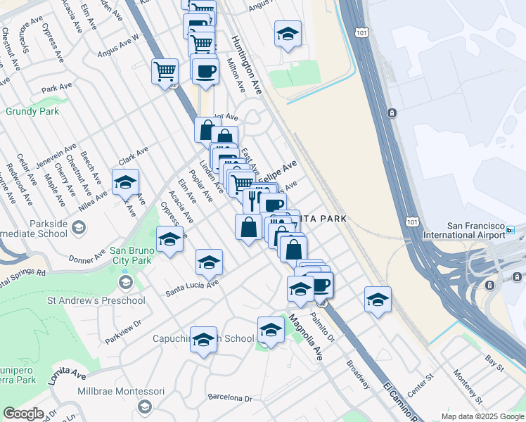map of restaurants, bars, coffee shops, grocery stores, and more near 160 California 82 in San Bruno