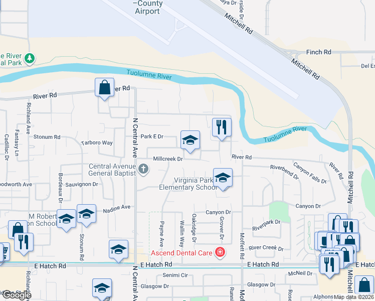 map of restaurants, bars, coffee shops, grocery stores, and more near 860 Autumn Grove Lane in Modesto