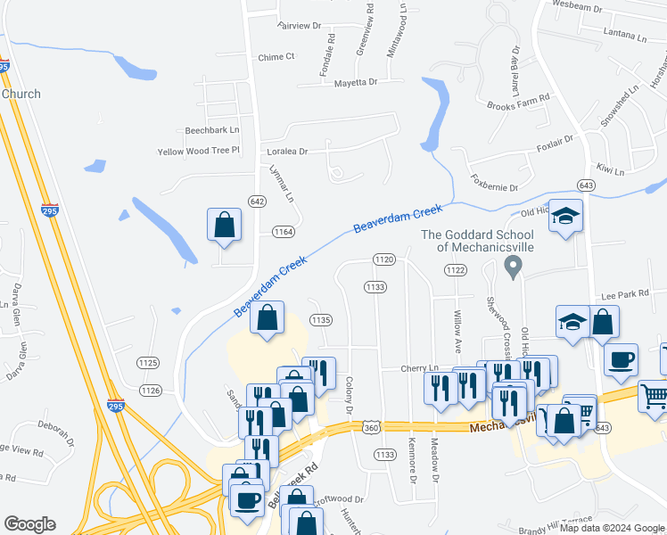map of restaurants, bars, coffee shops, grocery stores, and more near 8074 Meadow Drive in Mechanicsville
