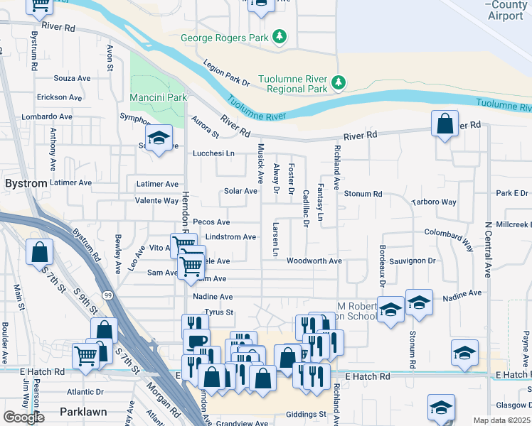 map of restaurants, bars, coffee shops, grocery stores, and more near 824 Musick Avenue in Modesto