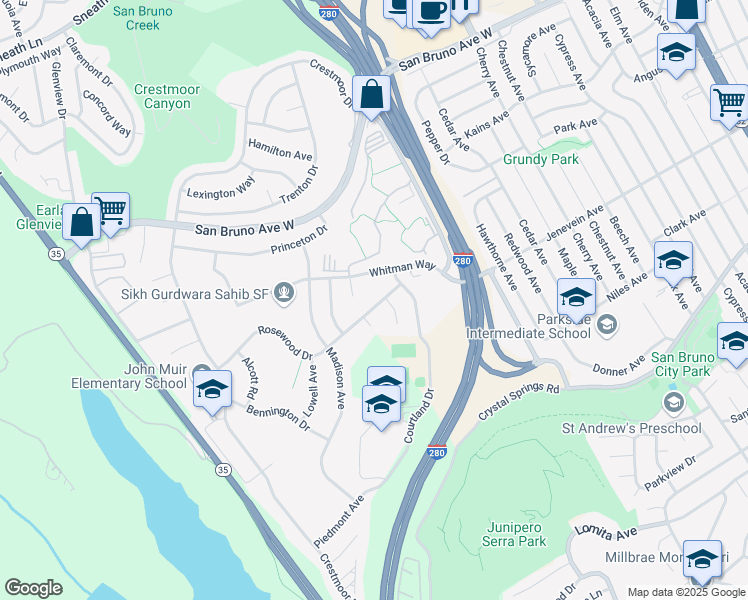 map of restaurants, bars, coffee shops, grocery stores, and more near 2160 Rosewood Drive in San Bruno