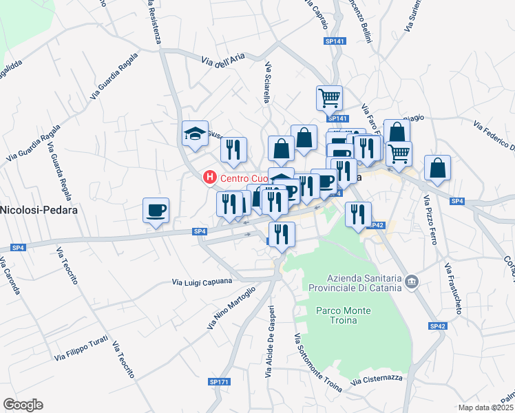map of restaurants, bars, coffee shops, grocery stores, and more near 52 Via Perriera in Pedara