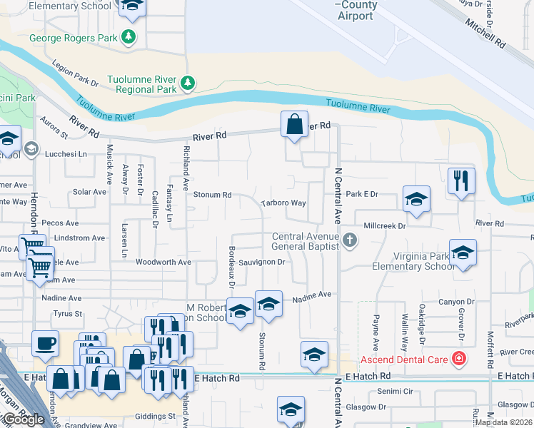 map of restaurants, bars, coffee shops, grocery stores, and more near 1901 Wann Court in Modesto