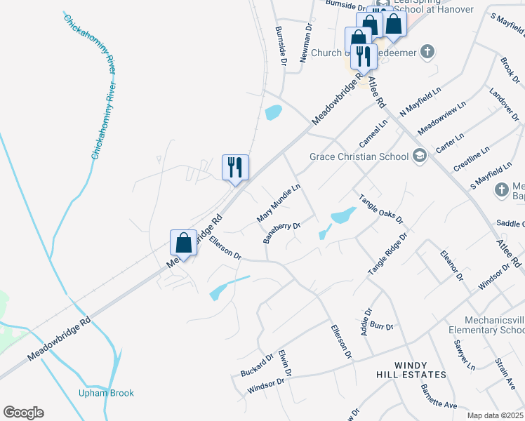 map of restaurants, bars, coffee shops, grocery stores, and more near 8366 Mary Mundie Lane in Mechanicsville