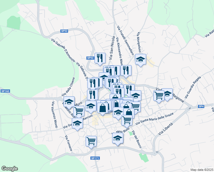 map of restaurants, bars, coffee shops, grocery stores, and more near 20 Viale della Regione in Nicolosi