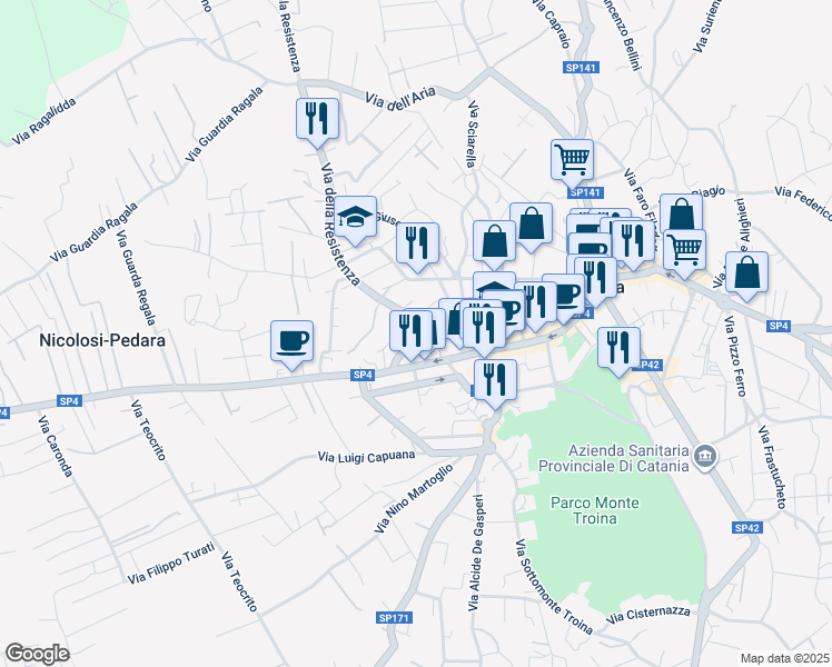 map of restaurants, bars, coffee shops, grocery stores, and more near 23 Via della Resistenza in Pedara