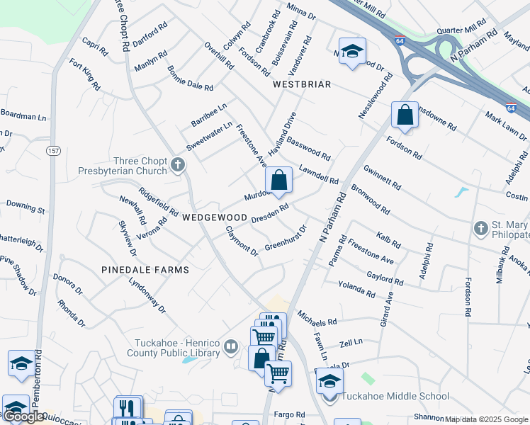 map of restaurants, bars, coffee shops, grocery stores, and more near 1906 Dresden Road in Henrico