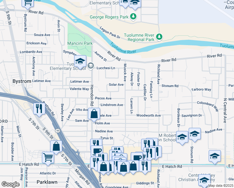map of restaurants, bars, coffee shops, grocery stores, and more near 1412 Orlando Drive in Modesto