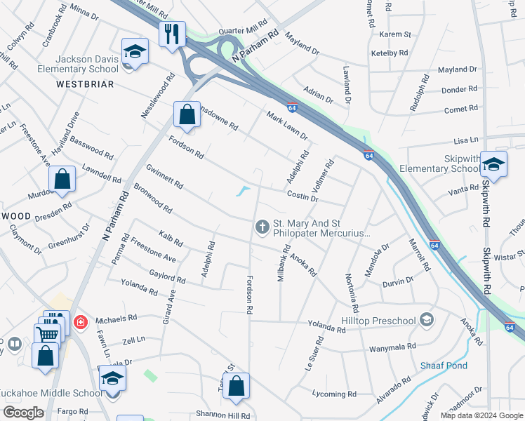 map of restaurants, bars, coffee shops, grocery stores, and more near 2205 Fordson Road in Richmond