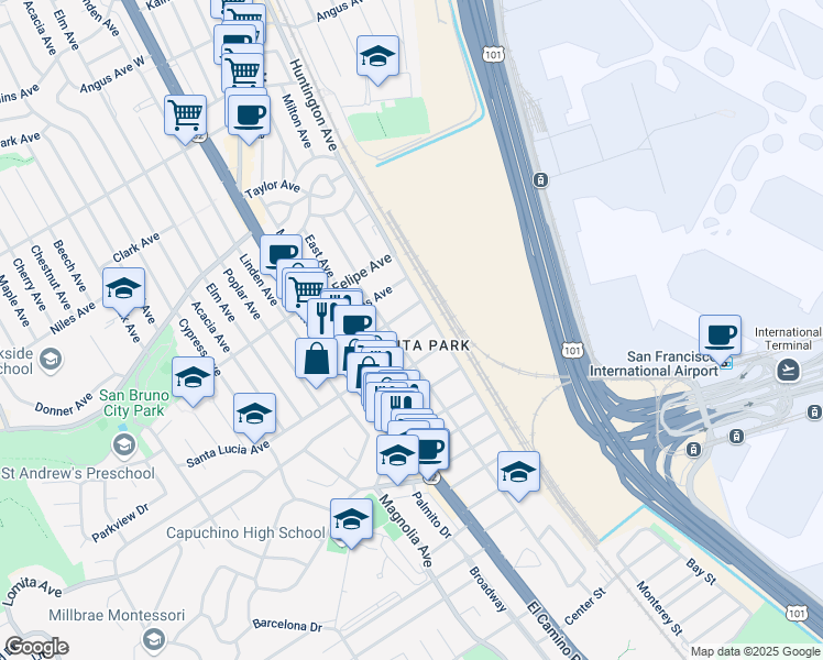 map of restaurants, bars, coffee shops, grocery stores, and more near 225 Santa Dominga Avenue in San Bruno