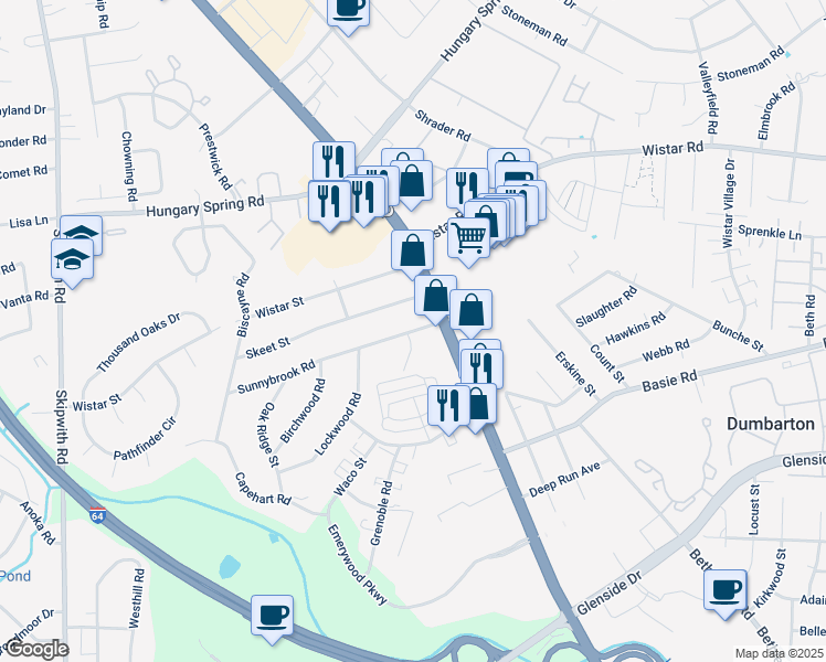 map of restaurants, bars, coffee shops, grocery stores, and more near 2701 Sunnybrook Road in Henrico