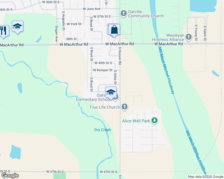 map of restaurants, bars, coffee shops, grocery stores, and more near 5624 42nd Street in Wichita