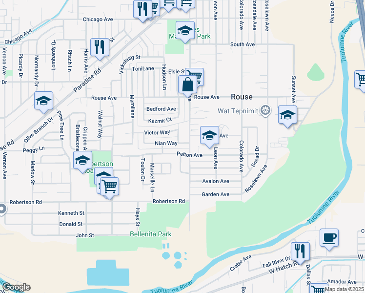 map of restaurants, bars, coffee shops, grocery stores, and more near 1510 Nian Way in Modesto