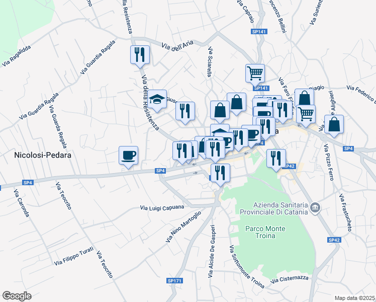 map of restaurants, bars, coffee shops, grocery stores, and more near 23 Via della Resistenza in Pedara