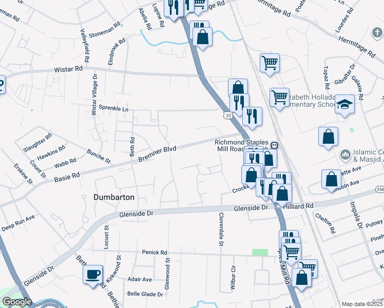 map of restaurants, bars, coffee shops, grocery stores, and more near 4123 Tatum Boulevard in Henrico