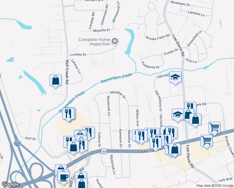 map of restaurants, bars, coffee shops, grocery stores, and more near 8009 Kenmore Drive in Mechanicsville