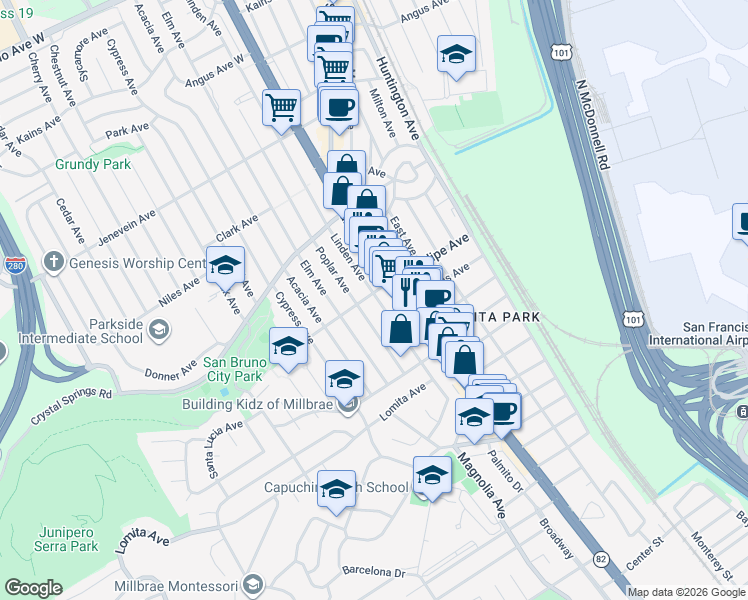 map of restaurants, bars, coffee shops, grocery stores, and more near 193 Linden Avenue in San Bruno