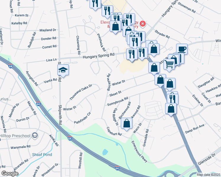 map of restaurants, bars, coffee shops, grocery stores, and more near 7607 Biscayne Road in Richmond