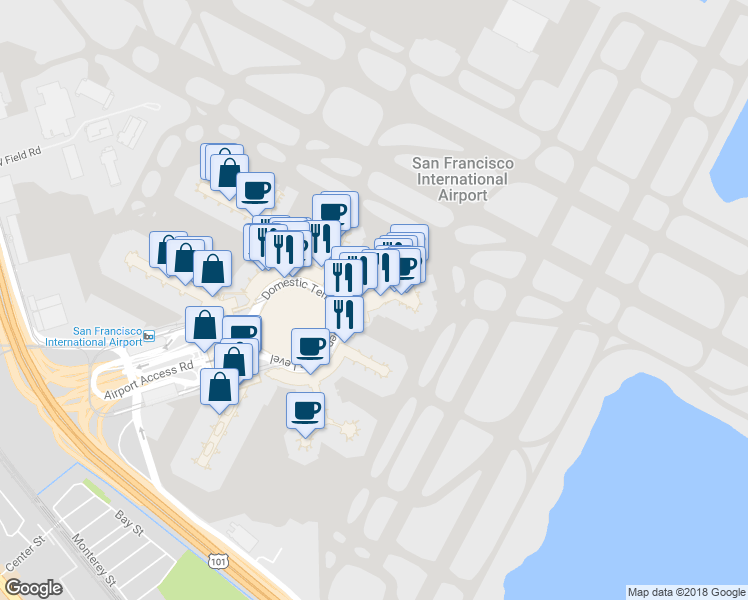map of restaurants, bars, coffee shops, grocery stores, and more near 173 Airport Access Road in San Francisco