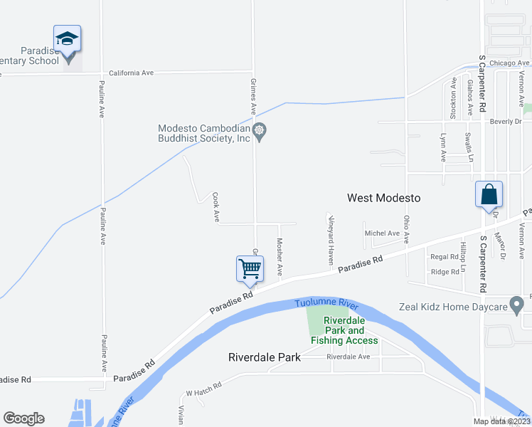 map of restaurants, bars, coffee shops, grocery stores, and more near 1648 Grimes Avenue in Modesto