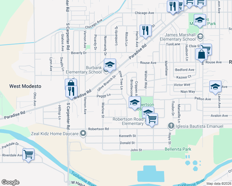 map of restaurants, bars, coffee shops, grocery stores, and more near 2032 Peggy Lane in Modesto
