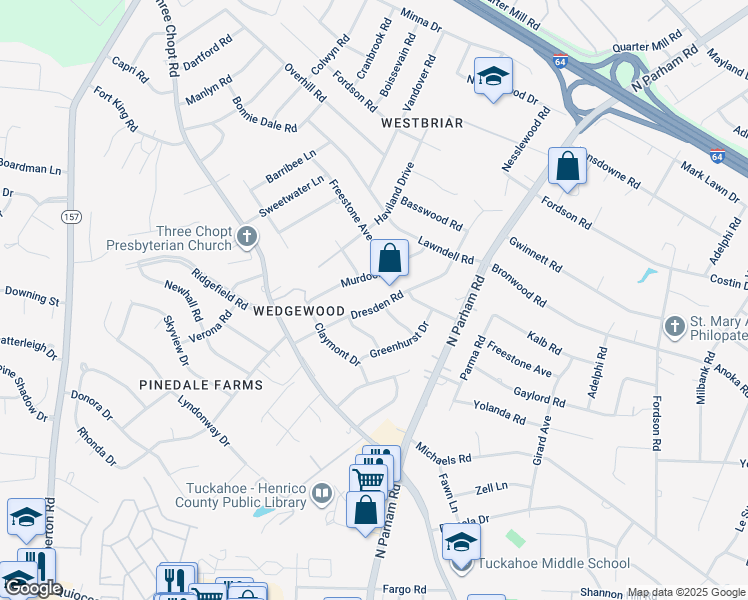 map of restaurants, bars, coffee shops, grocery stores, and more near 1908 Dresden Road in Richmond