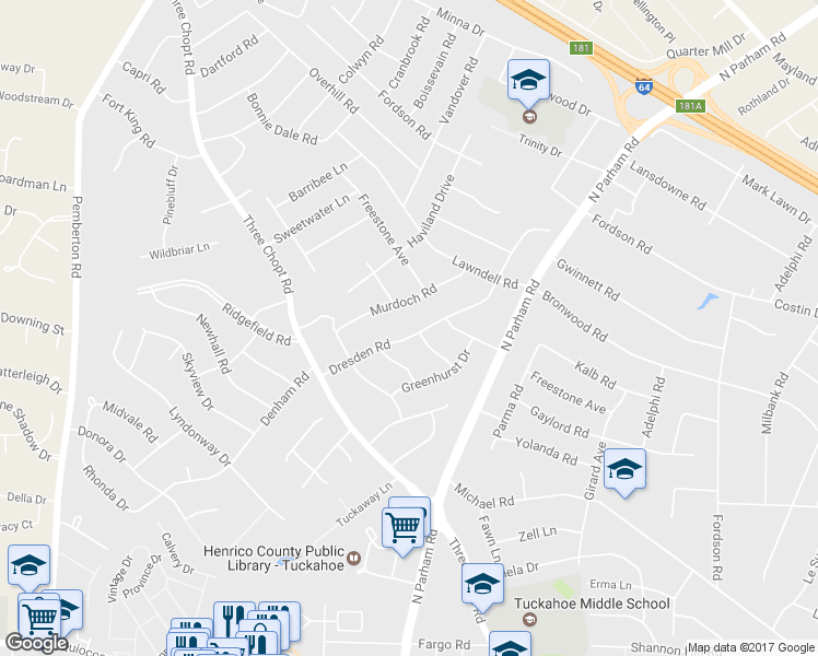 map of restaurants, bars, coffee shops, grocery stores, and more near 1908 Dresden Road in Richmond