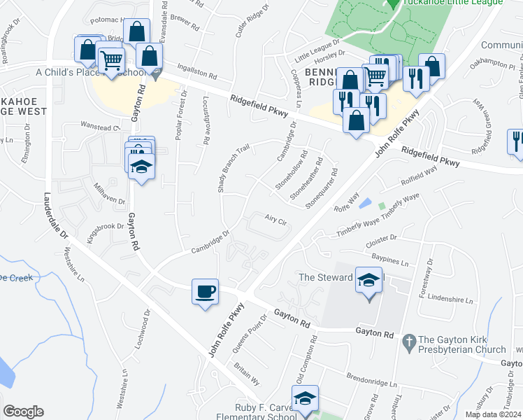 map of restaurants, bars, coffee shops, grocery stores, and more near 2063 Airy Circle in Richmond