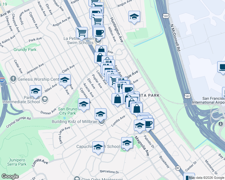 map of restaurants, bars, coffee shops, grocery stores, and more near 186 Linden Avenue in San Bruno