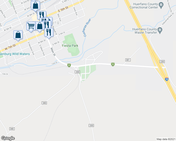 map of restaurants, bars, coffee shops, grocery stores, and more near Unnamed Road in Walsenburg