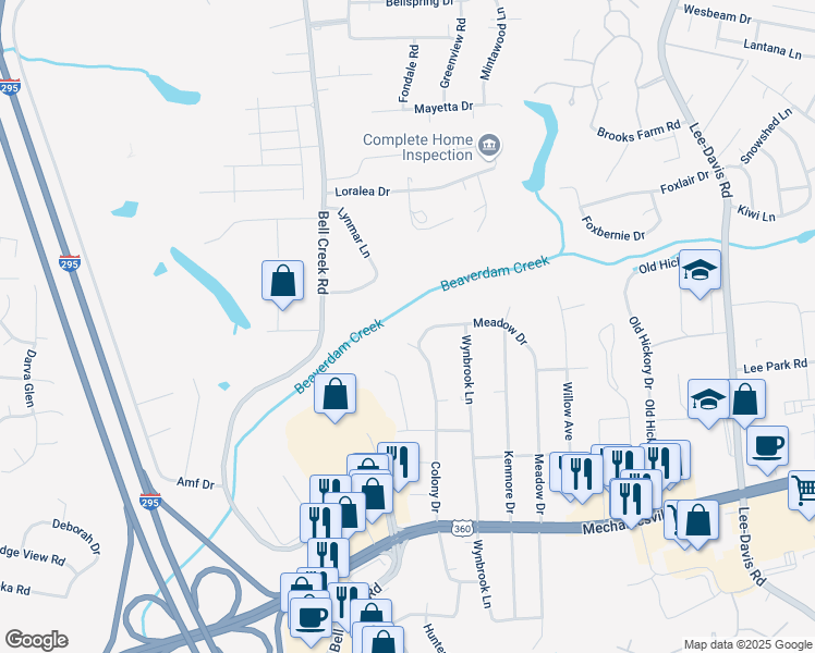 map of restaurants, bars, coffee shops, grocery stores, and more near 8074 Meadow Drive in Mechanicsville