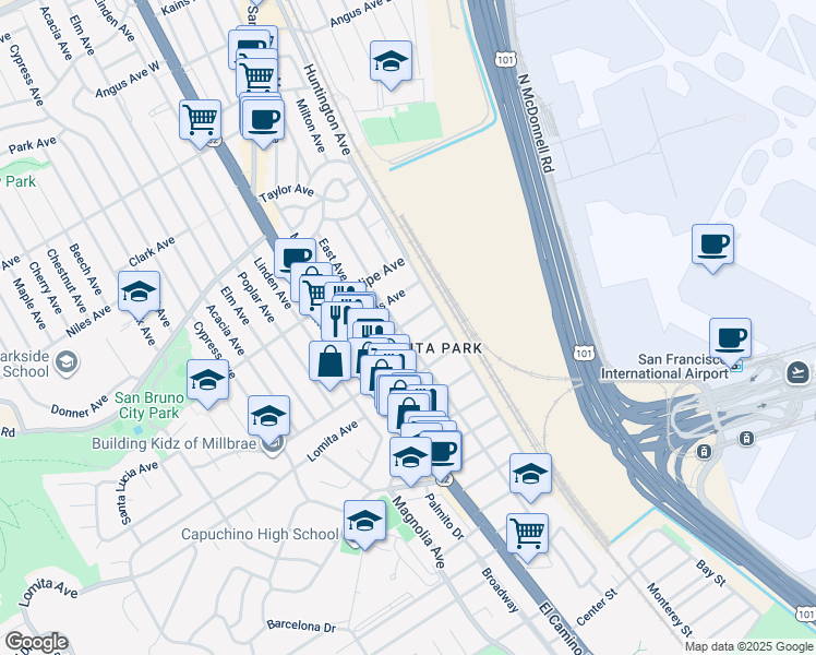 map of restaurants, bars, coffee shops, grocery stores, and more near 305 San Anselmo Avenue South in San Bruno