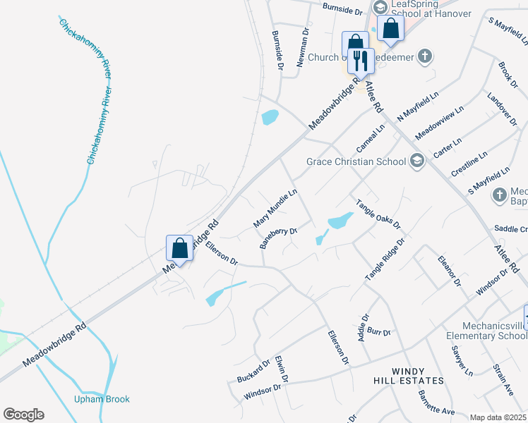 map of restaurants, bars, coffee shops, grocery stores, and more near 8366 Mary Mundie Lane in Mechanicsville