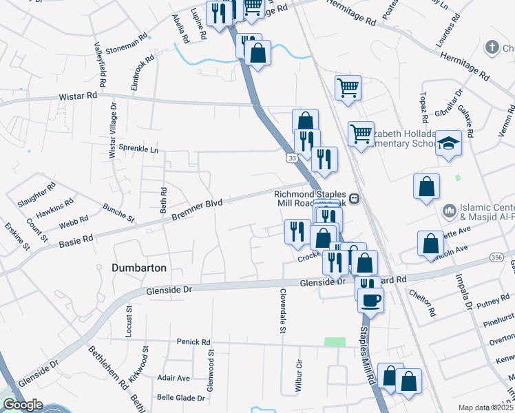 map of restaurants, bars, coffee shops, grocery stores, and more near 4115 Tatum Boulevard in Henrico