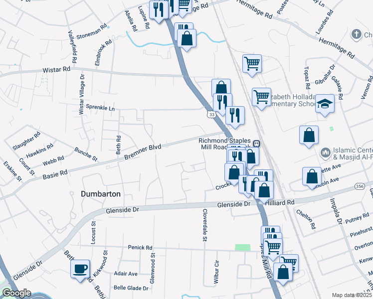 map of restaurants, bars, coffee shops, grocery stores, and more near 4115 Tatum Boulevard in Henrico
