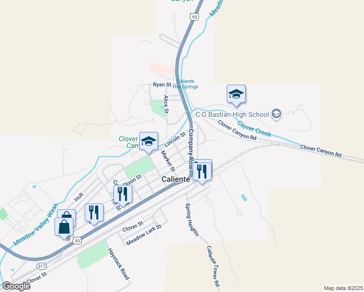 map of restaurants, bars, coffee shops, grocery stores, and more near 70 Tennille Street in Caliente