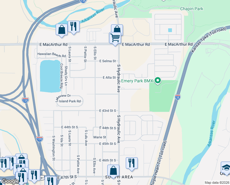 map of restaurants, bars, coffee shops, grocery stores, and more near 1501-1699 Georgia Street in Wichita