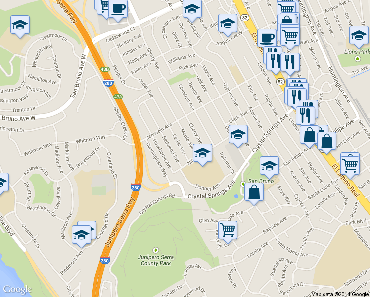 map of restaurants, bars, coffee shops, grocery stores, and more near 426 Redwood Avenue in San Bruno