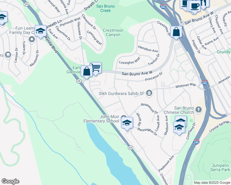 map of restaurants, bars, coffee shops, grocery stores, and more near 2830 Crestmoor Drive in San Bruno