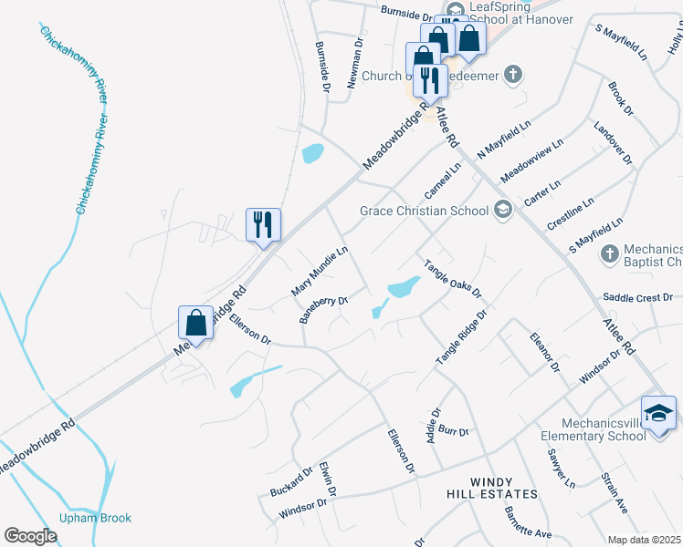 map of restaurants, bars, coffee shops, grocery stores, and more near 8009 Mike Mundie Lane in Mechanicsville