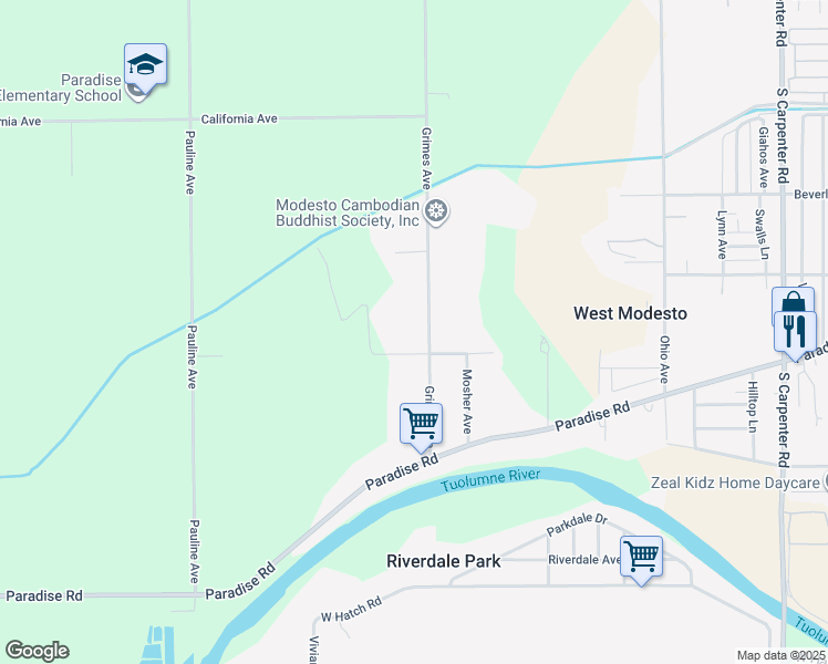 map of restaurants, bars, coffee shops, grocery stores, and more near 1648 Grimes Avenue in Modesto