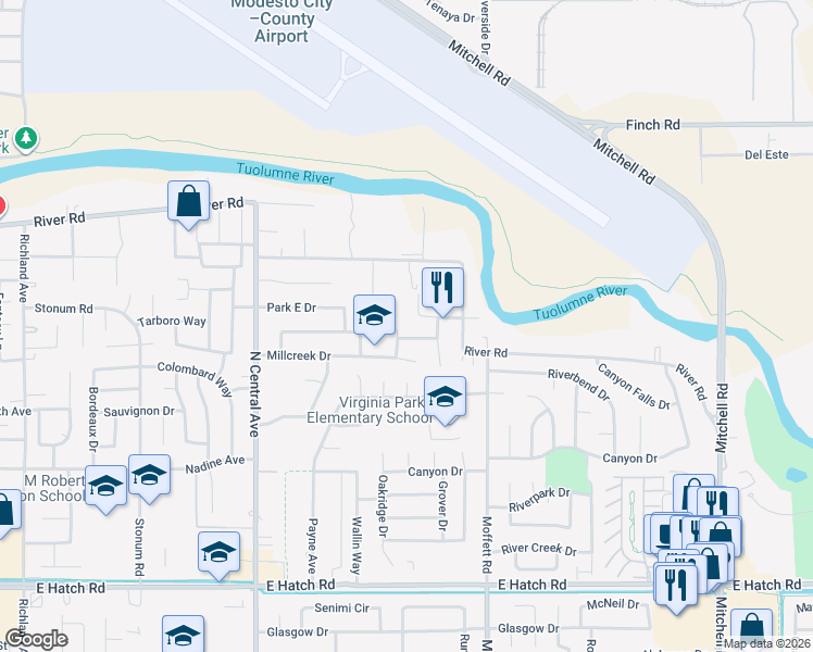 map of restaurants, bars, coffee shops, grocery stores, and more near 2438 Whitewater Way in Modesto